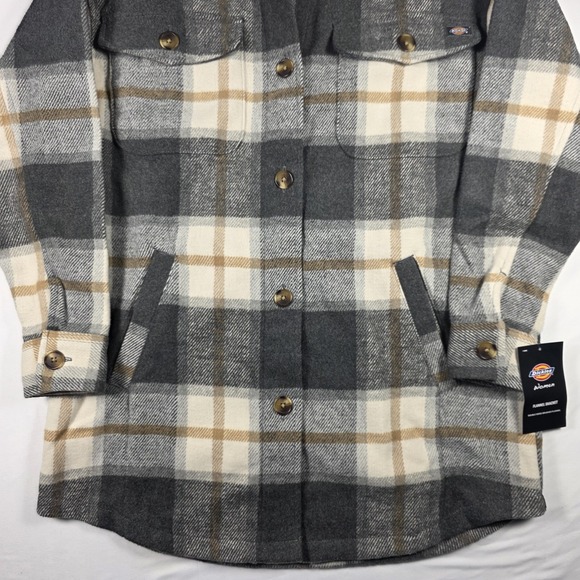 Dickies Women Flannel Shacket Jacket Small Gray Plaid Button Up Warm Workwear - Picture 7 of 14